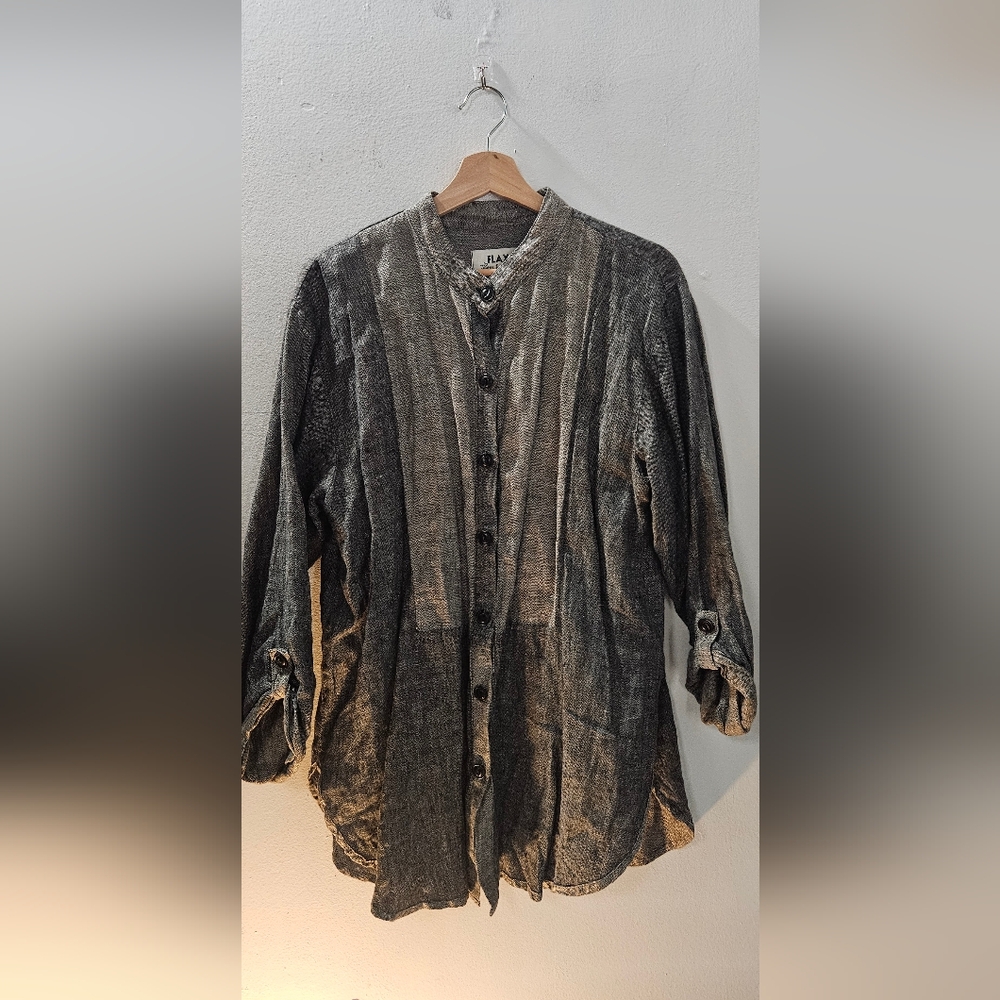 Flax Linen Button Down Charcoal Grey Tunic Top - image 1